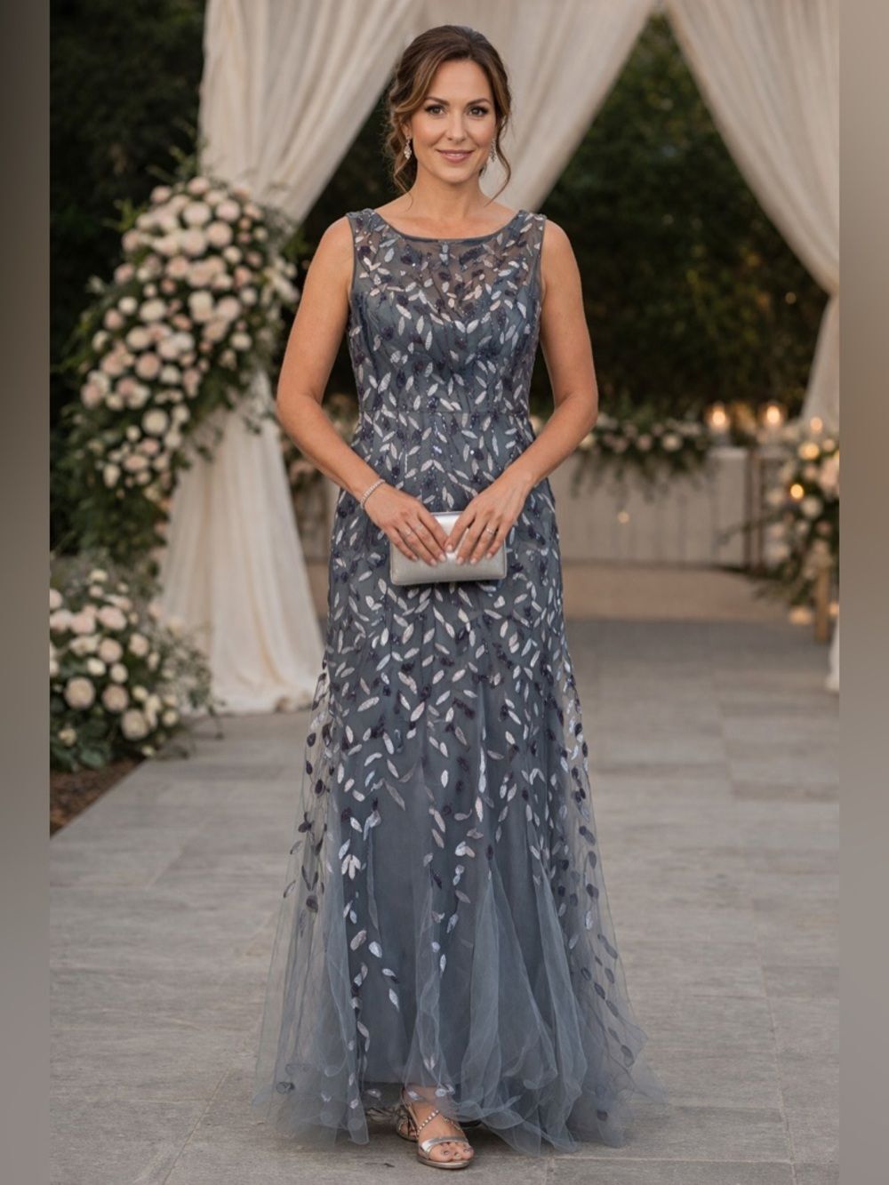 Embroidered Sequin Tulle Formal Dress Blue Gray Sleeveless Midi/Maxi